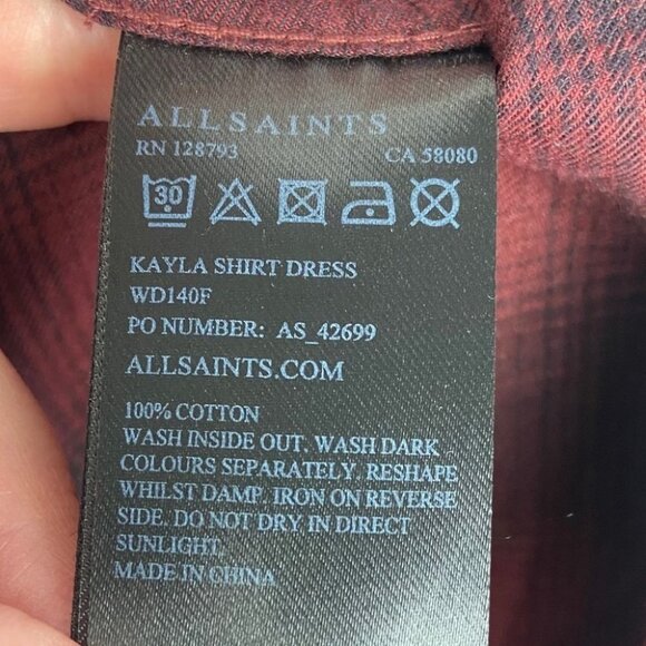 All Saints Kayla Plaid Shirt Dress Womens Size 2 Flannel Cotton Draped Burgundy - Picture 7 of 10